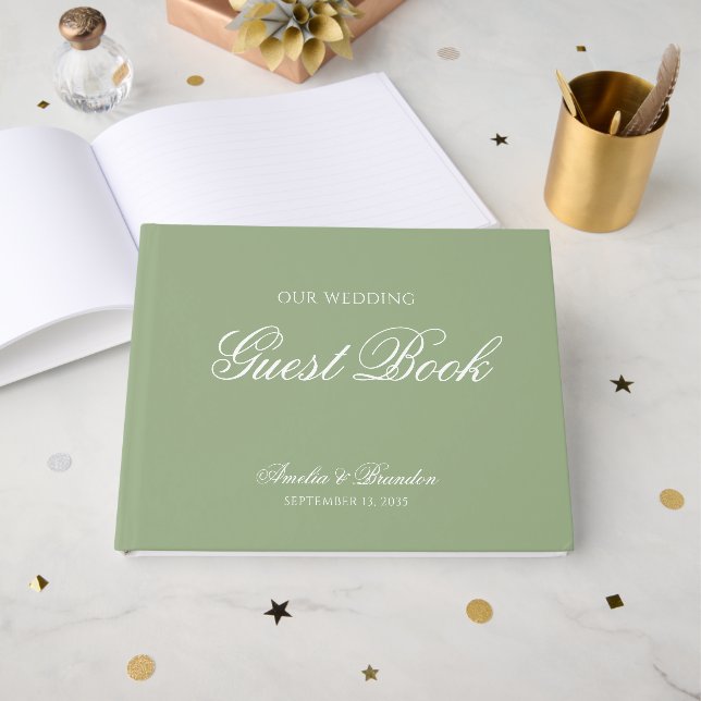 Livre D'or Mariage Classique Vert Sauge Réel & Écriture Blanc (Recto ouvert)