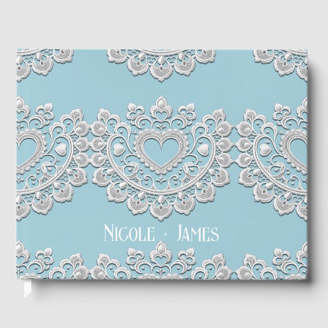 Livre D'or Mariage Coeur en Dentelle Bleu Turquoise Blanc (Recto)