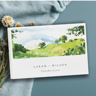 Livre D'or Mariage Collines Campagne Aquarelle Vert Rustique