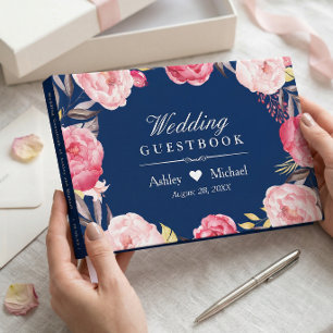 Livre D'or Mariage Couronne Florale Bleu Nuit Rose Moderne