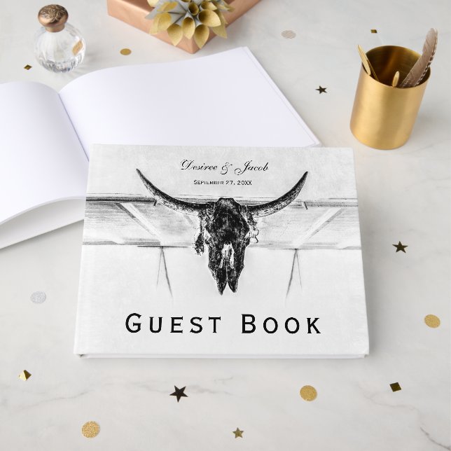 Livre D'or Mariage Crâne de Vache Occidental Blanc Rustique (Recto ouvert)