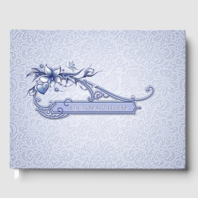 Livre d'or Mariage damassé Floral Blue Ice (Recto)