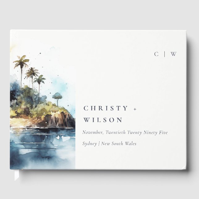 Livre D'or Mariage d'aquarelle chic Seascape Palm Tree Island (Recto)