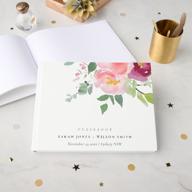 Livre D'or Mariage d'aquarelle Rose rose-bleu (Recto ouvert)