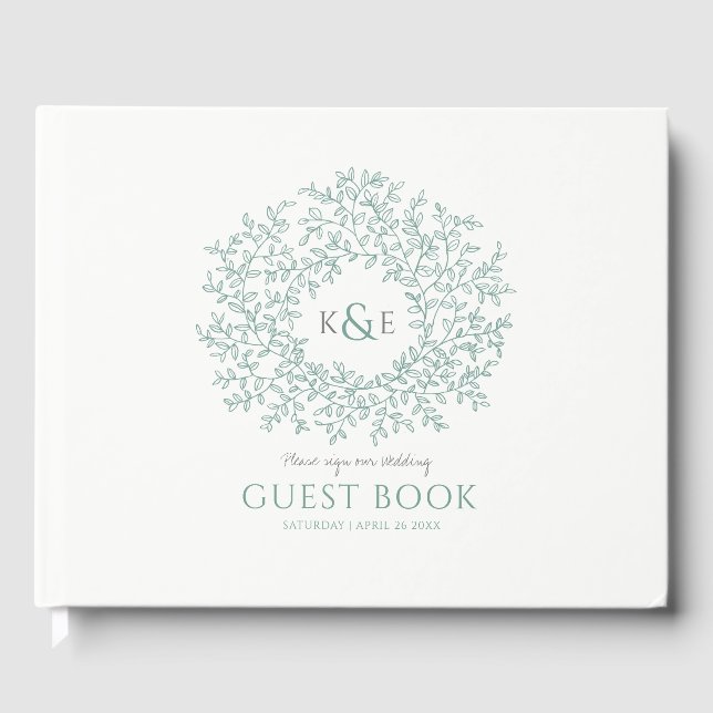 Livre D'or Mariage d'art monogramme gris vert feuille blanche (Recto)