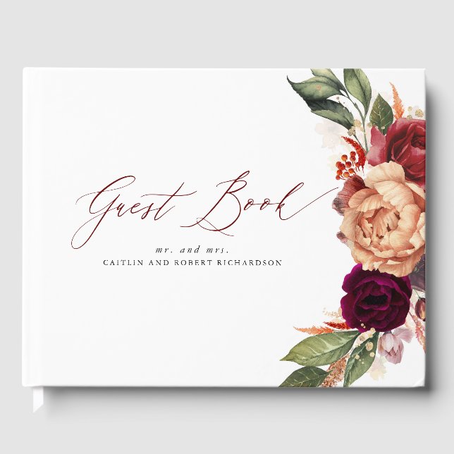 Livre D'or Mariage de automne floral bordeaux rouge et orange (Recto)