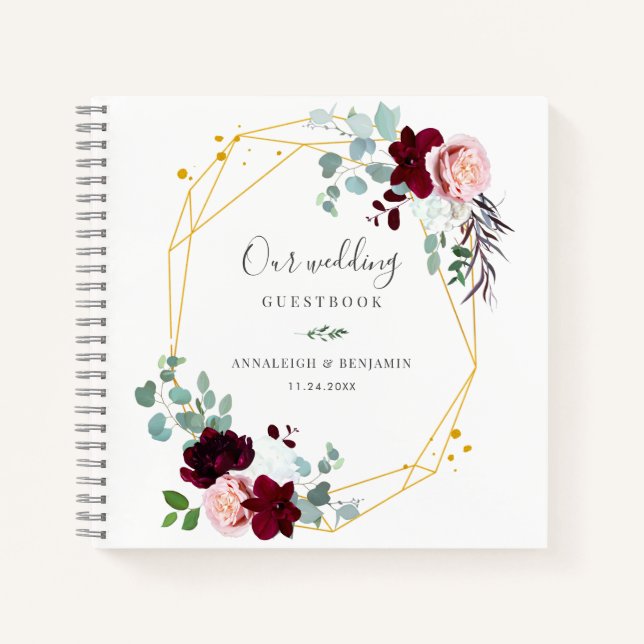 Livre d'or Mariage de automne rose Floral Bourgogn (Devant)