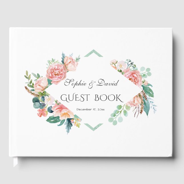 Livre D'or Mariage de cadre vert rose Fleurs blanches (Recto)