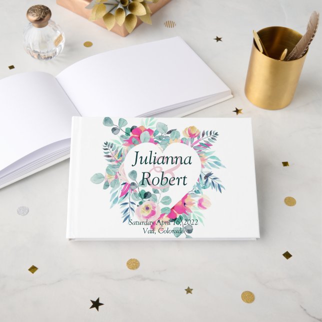 Livre d'or mariage de coeur fleuri rose (Recto ouvert)