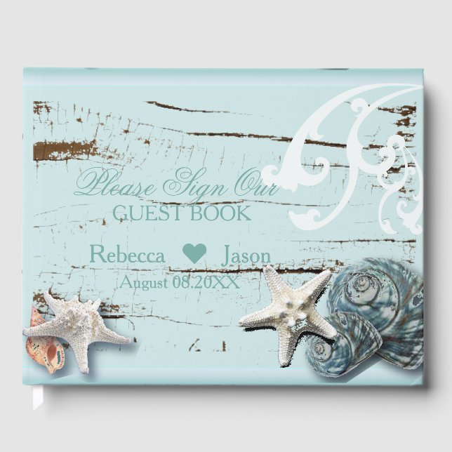 Livre D'or Mariage de coquillage bleu de Wood Beach (Recto)
