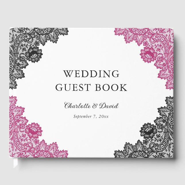 Livre D'or Mariage de dentelle rose et noire chaud (Recto)