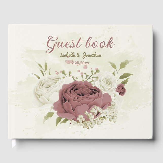 Livre D'or mariage de fleurs blanches rose et poussiéreuses (Recto)