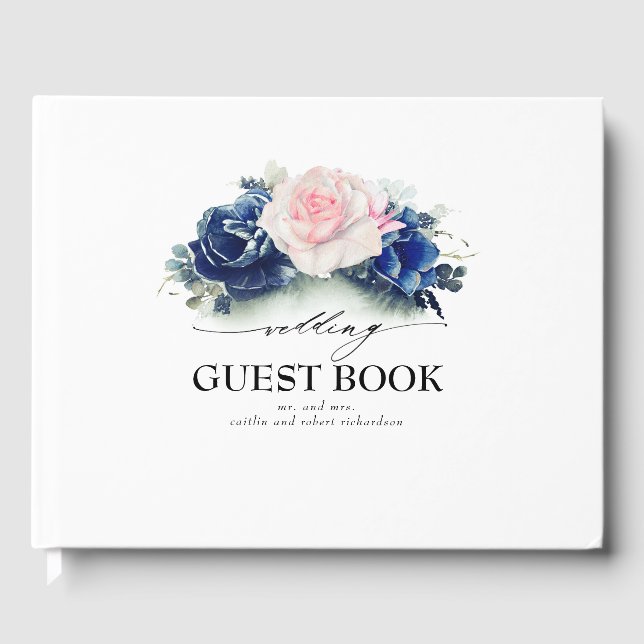Livre D'or Mariage de fleurs d'aquarelle bleu et rose marine (Recto)