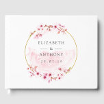 Livre D'or Mariage de fleurs de cerisier rose géométrique<br><div class="desc">Livre d'invités de mariage rose aquarelle fleurie avec sakura fleurie avec cadre géométrique doré personnalisable selon les détails de votre événement.</div>