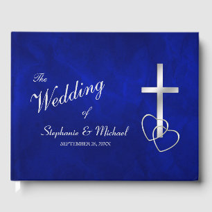 Livre D'or Mariage de la Croix chrétienne d'argent bleu