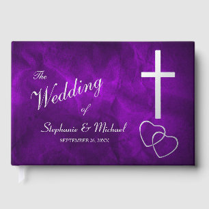 Livre D'or Mariage de la Croix chrétienne d'argent violet