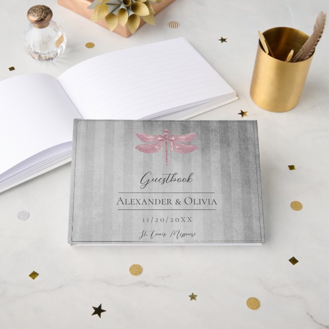 Livre D'or Mariage de libellules à bijoux rose (Recto ouvert)