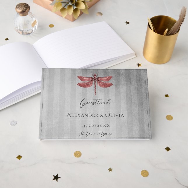 Livre D'or Mariage de libellules à bijoux rouges (Recto ouvert)