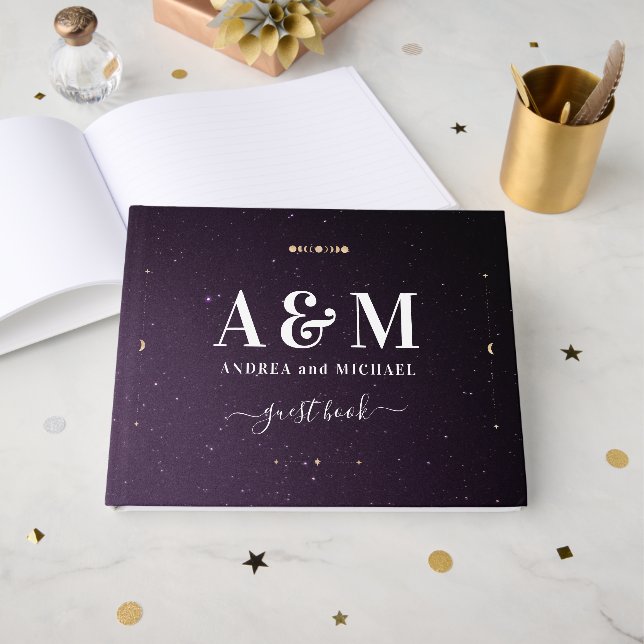 Livre D'or Mariage de lune d'or céleste violet Galaxy (Recto ouvert)