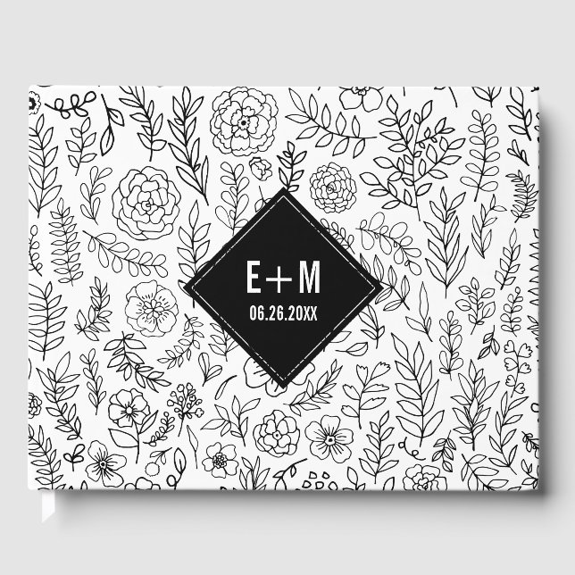 Livre D'or Mariage de modèle Floral noir blanc (Recto)