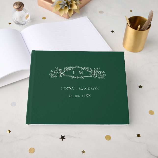 Livre D'or Mariage de monogramme de crête botanique Emerald G (Recto ouvert)