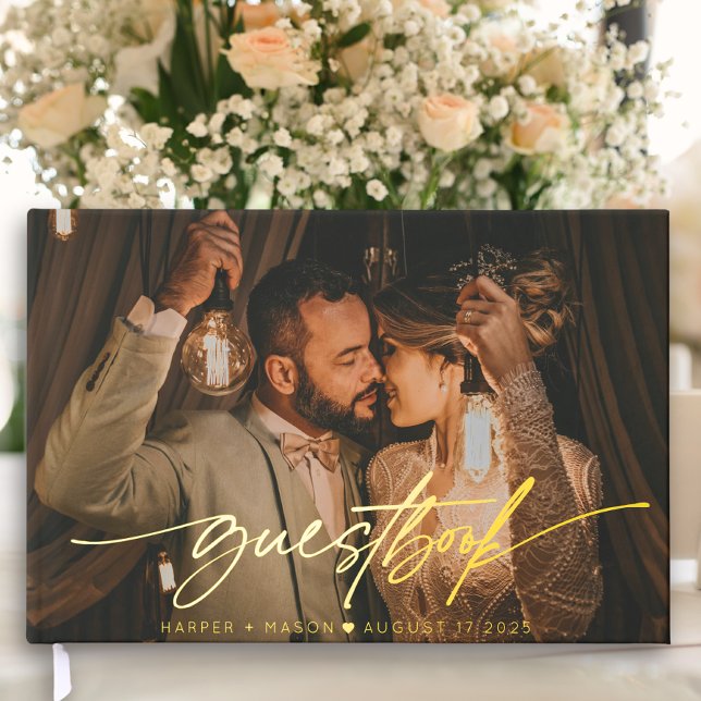 Livre D'or Mariage de monogramme de script élégant de photo m (Créateur téléchargé)
