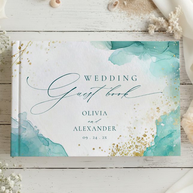Livre D'or Mariage de plage abstrait sarcelle et or moderne (Créateur téléchargé)