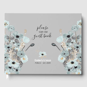 Livre D'or Mariage de Poppies Florales bleu et gris