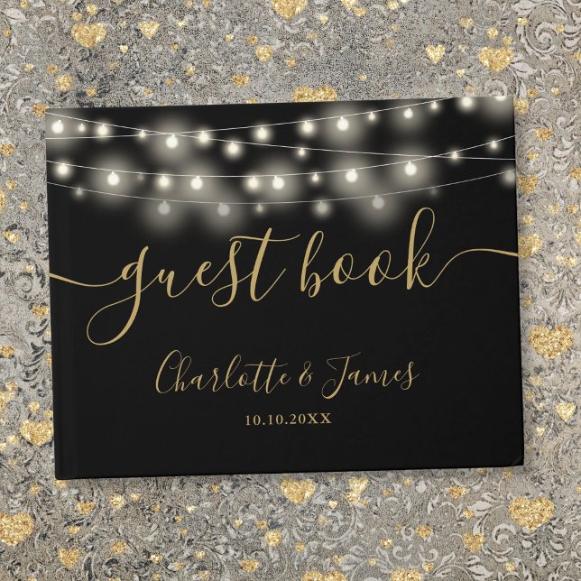 Livre D'or Mariage de script de signature Black Gold (Black Gold String Lights Signature Script Wedding Guest Book)