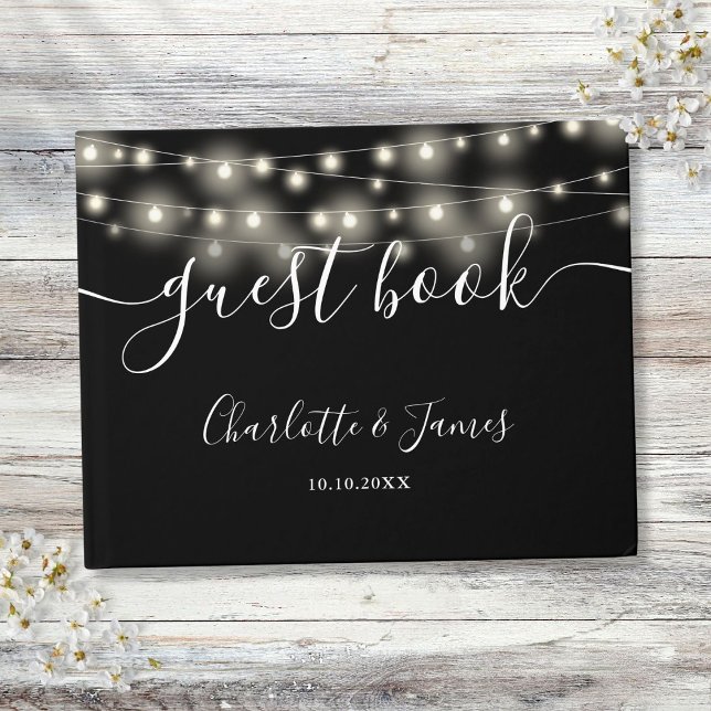 Livre D'or Mariage de script de signature noir blanc (Black White String Lights Signature Script Wedding Guest Book)