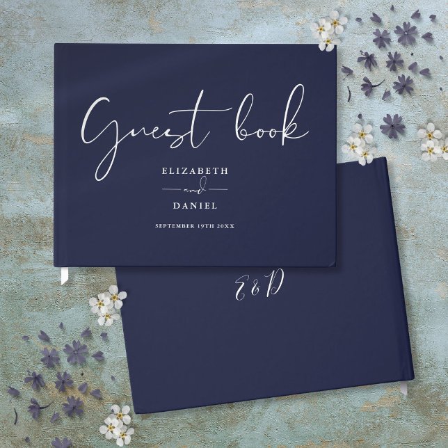 Livre D'or Mariage de script élégant bleu marine (Navy Blue Elegant Script Wedding Guest Book)