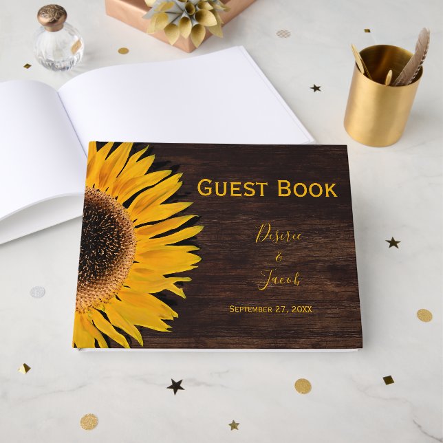 Livre D'or Mariage de tournesol jaune Brown rustique (Recto ouvert)