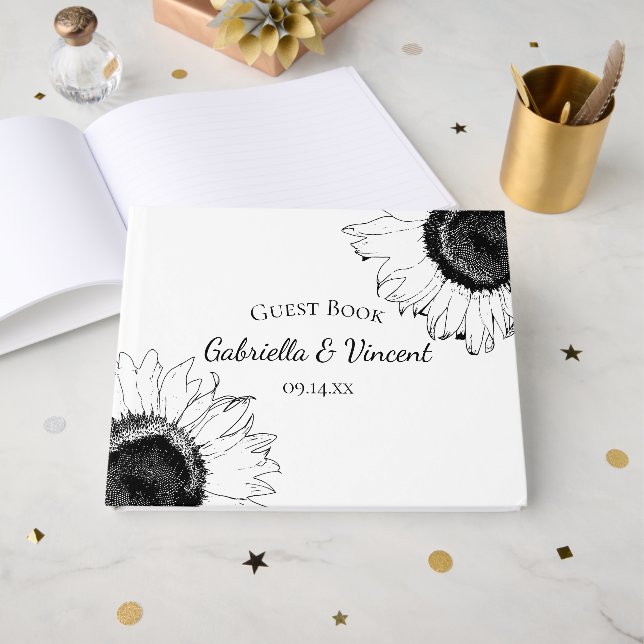 Livre D'or Mariage de tournesols noir et blanc (Recto ouvert)