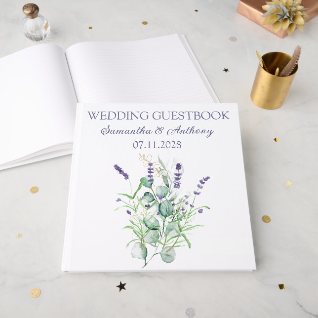 Livre D'or Mariage des herbes d'aquarelle Lavender Eucalyptus (Recto ouvert)