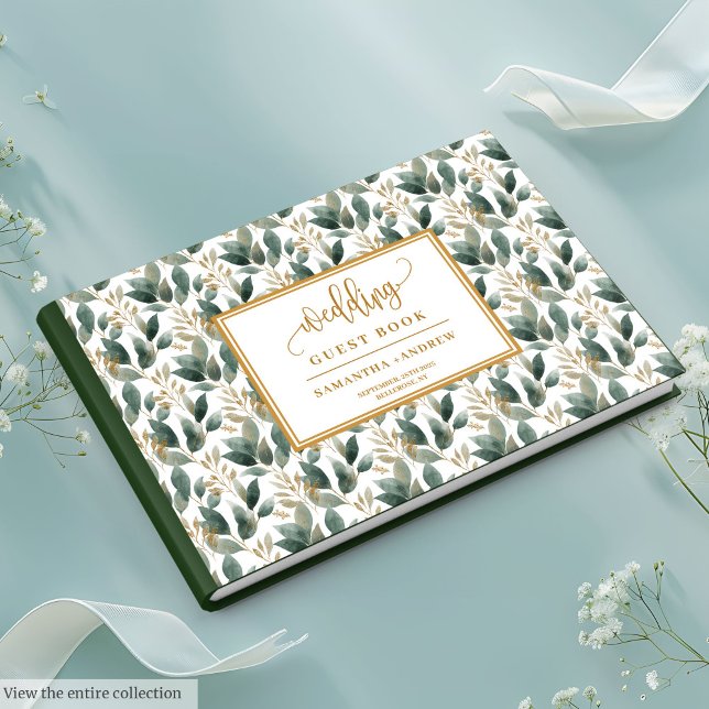 Livre D'or Mariage d'eucalyptus en or vert pastel manuscrit (Handwritten pastel green gold eucalyptus wedding Guest Book)