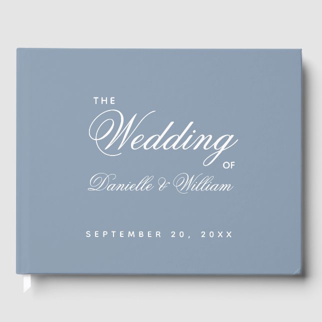 Livre D'or Mariage Dusty Bleu Simple Script Calligraphie blan (Recto)