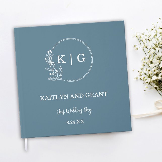 Livre d'or Mariage Dusty Blue & White Monogram (Dusty blue and white wedding guestbook with floral monogram)