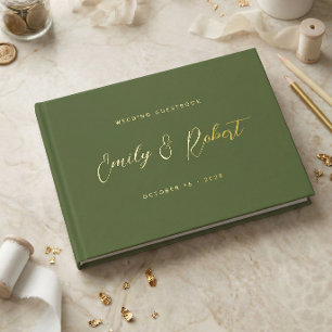 Livre D'or Mariage élégant à l'écriture dorée et vert olive