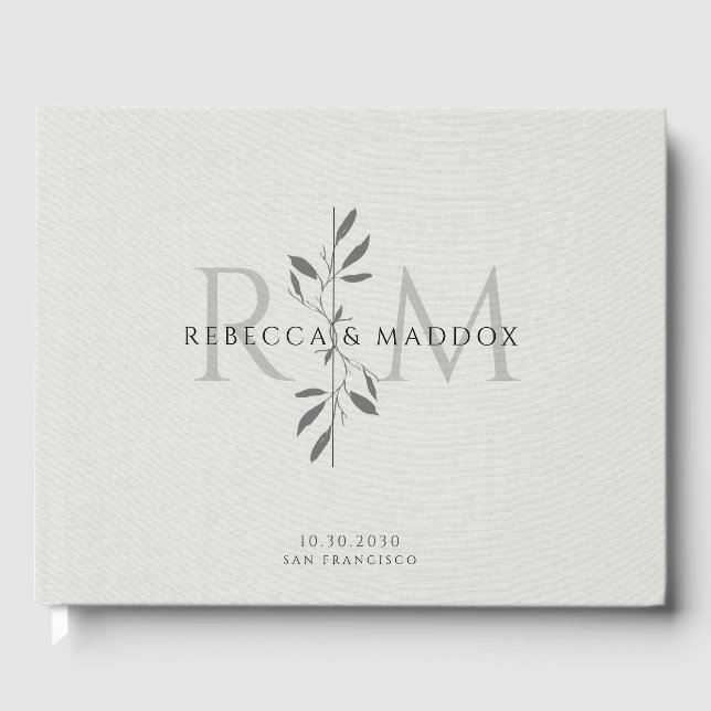 Livre D'or Mariage Élégant à Monogramme Botanique Gris (Recto)