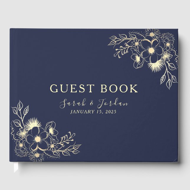 Livre D'or Mariage élégant bleu marine floral  (Recto)