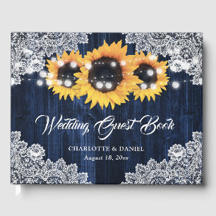 Livre D'or Mariage Élégant Bleu Nuit Bois Dentelle Soleil