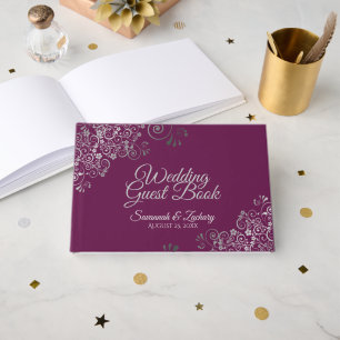 Livre D'or Mariage Élégant Cassis Filigrane Argenté Volant
