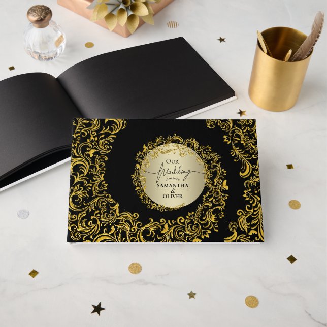 Livre D'or Mariage élégant damassé or (Recto ouvert)