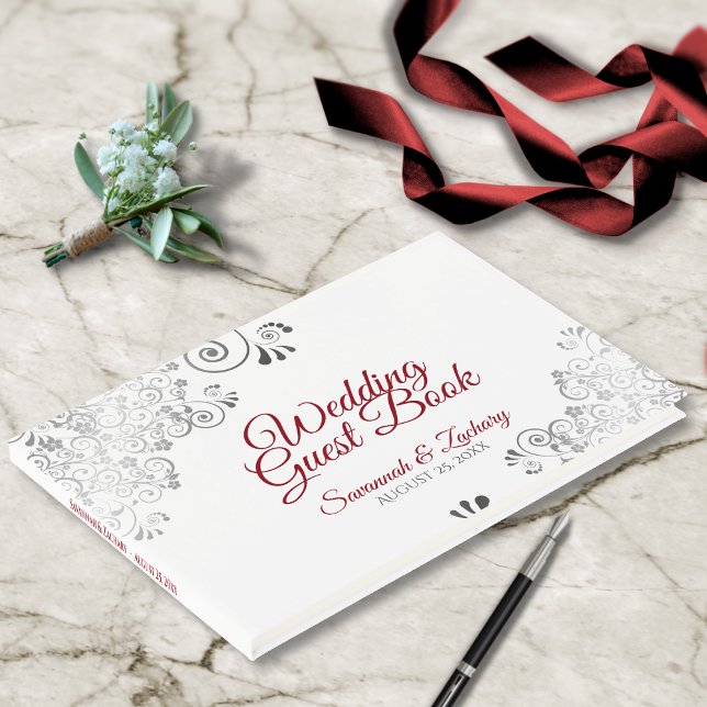 Livre D'or Mariage élégant de Red & Grey Frilly Filigree (Créateur téléchargé)