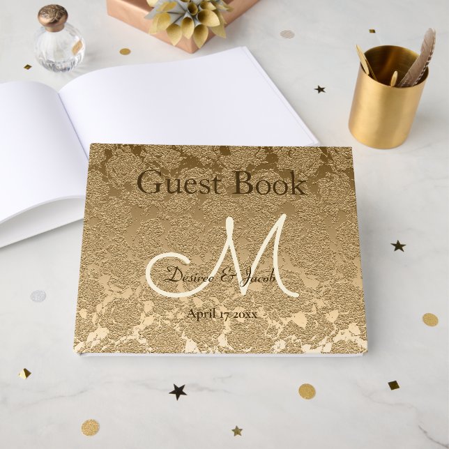 Livre D'or Mariage Élégant Moderne Monogramme Doré (Recto ouvert)