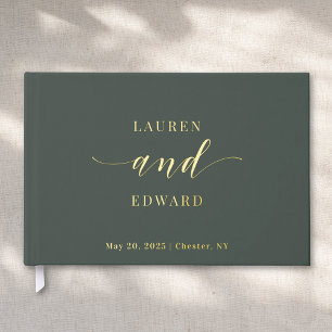 Livre D'or Mariage Élégant Moderne Vert Sauge Foncé et Or