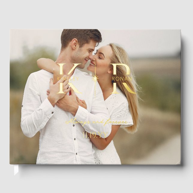 Livre D'or Mariage Élégant Monogramme Initiales Deux Flamboya (Recto)