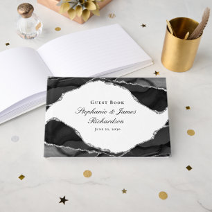 Livre D'or Mariage élégant noir blanc argent feuille d'agate