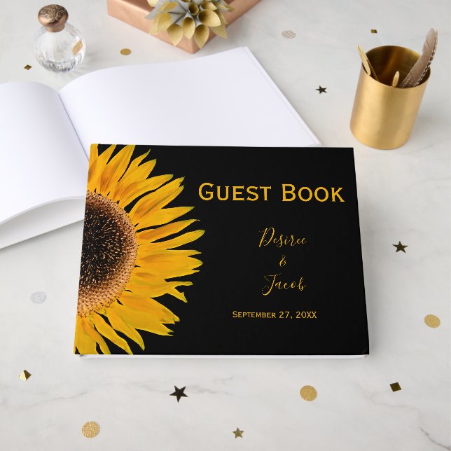Livre D'or Mariage élégant Rustique Jaune Tournesol Noir (Recto ouvert)