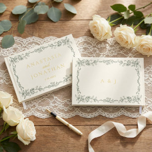 Livre D'or Mariage élégant vintage vert sauge monogramme